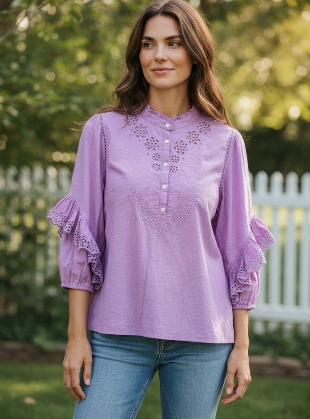 J. Crew Lavender Eyelet Tiered-Sleeve Cotton Blouse Sz. M